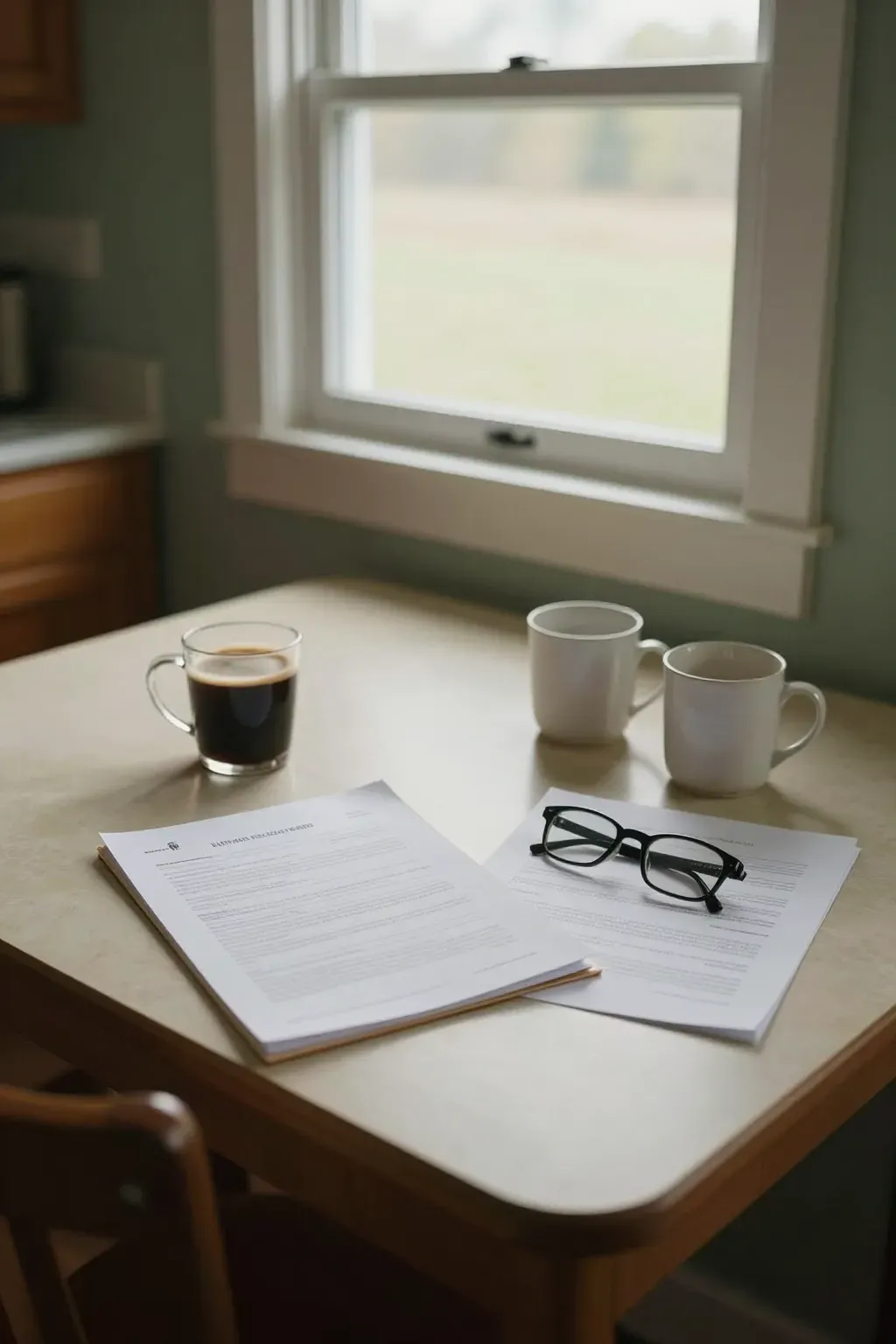 A kitchen table in afternoon light with coffee, reading glasses and insurance papers spread out